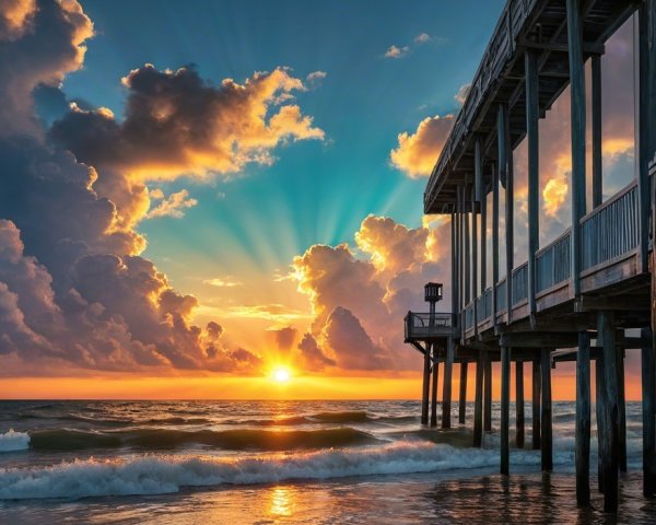 Vibrant Sunset Over Wooden Pier and Gentle Waves