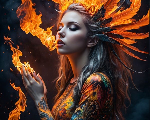 Mystical figure surrounded by flames and vibrant colors