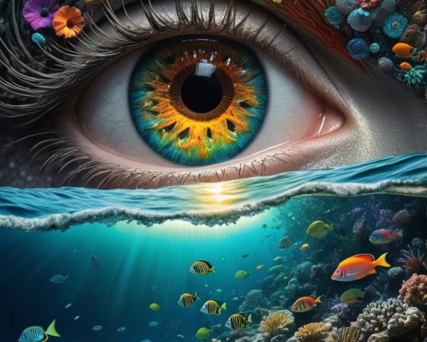 Surreal Eye Surrounded by Colorful Flowers and Coral Reef