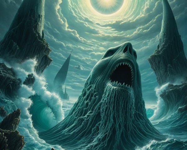 Surreal Landscape with Mountains and Monstrous Creature