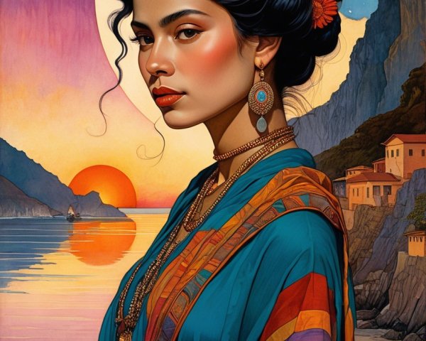 Portrait of a woman with flowers and a sunset backdrop