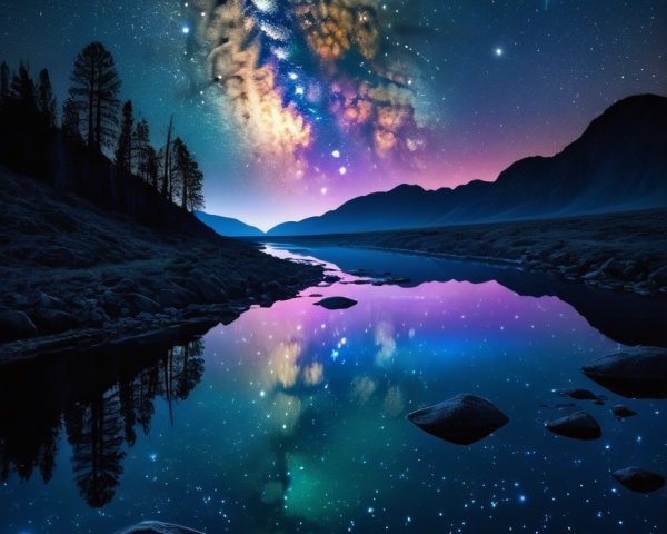 Serene Night Scene with River and Starry Sky