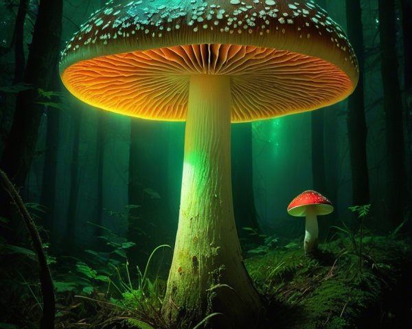 Vibrant Mushroom in Mystical Forest with Ethereal Light