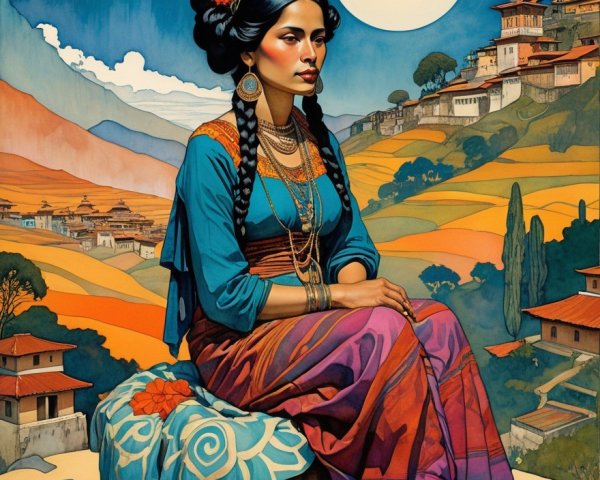 Serene Woman in Traditional Attire Amidst Scenic Landscape