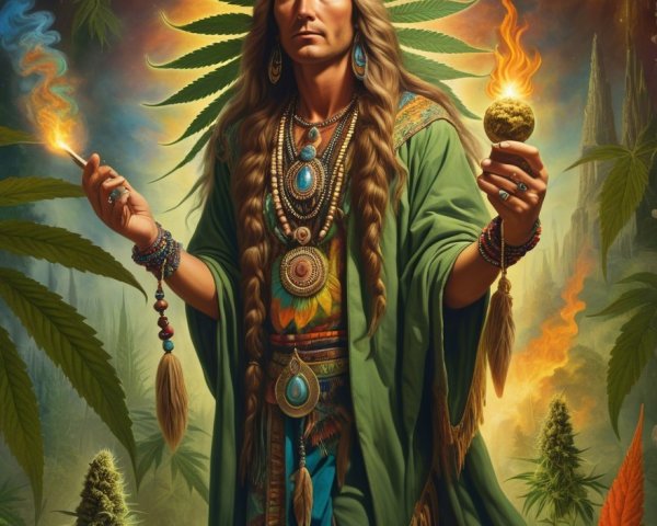 Mystical Figure Surrounded by Cannabis and Cosmic Elements