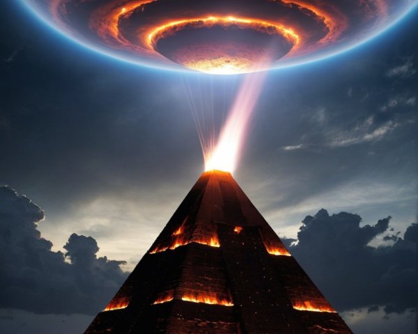 Colossal Pyramid with Fiery Light and Dark Clouds