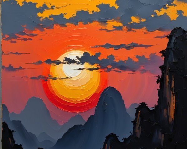 Vibrant Sunset Over Serene Landscape with Mountains