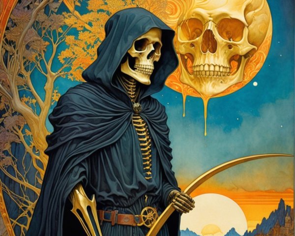 Skeleton in Cloak with Scythe Against Colorful Twilight