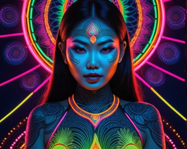 Portrait of a Woman with Neon Body Art and Mandalas