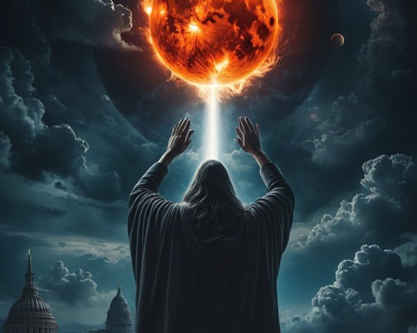 Hooded Figure Under Fiery Sun Over Cityscape