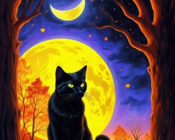 Black Cat in Mystical Twilight Forest Under Full Moon