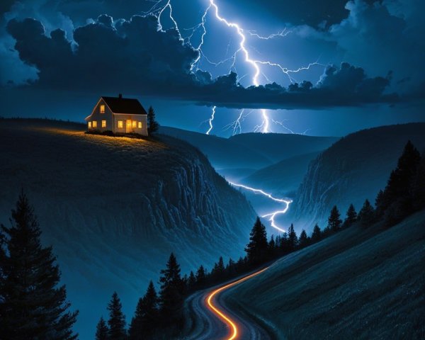 Serene Landscape with Lightning Storm and Hillside House