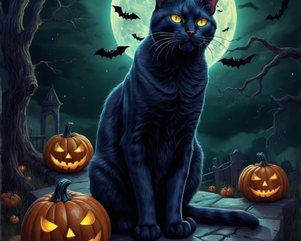 Black Cat and Jack-o'-Lanterns in Halloween Scene