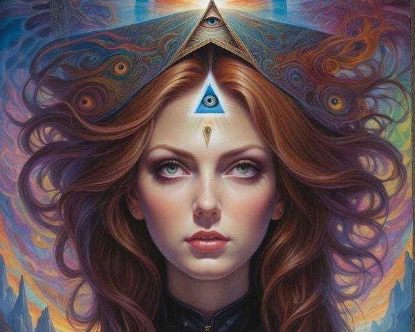 Mystical Woman with Three Eyes in Cosmic Setting