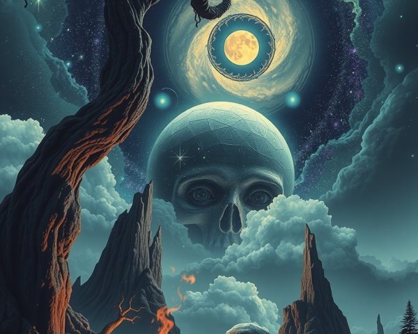 Surreal Landscape with Twisted Tree and Cosmic Elements