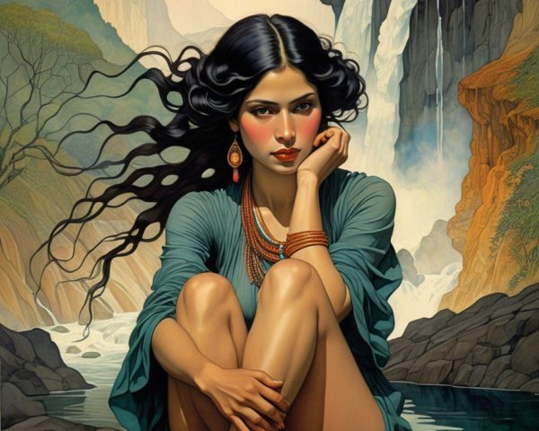 Serene Woman by Tranquil Waterfall in Nature