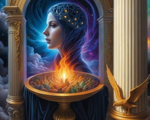 Mystical Woman's Profile in Cosmic Archway Scene