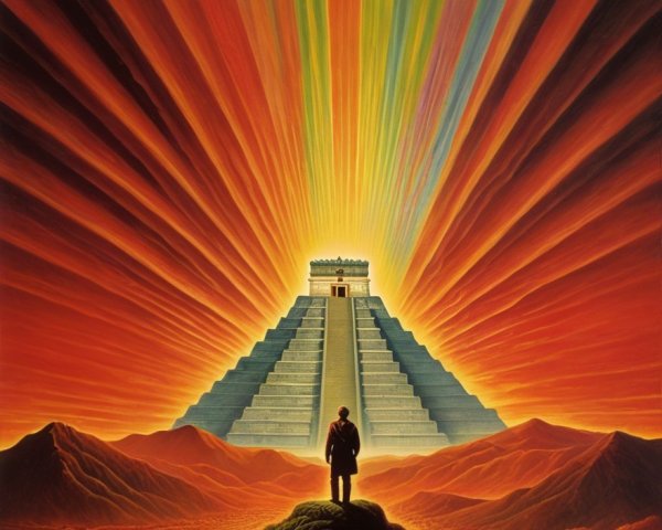 Silhouetted Figure Overlooking Vibrant Pyramid Landscape