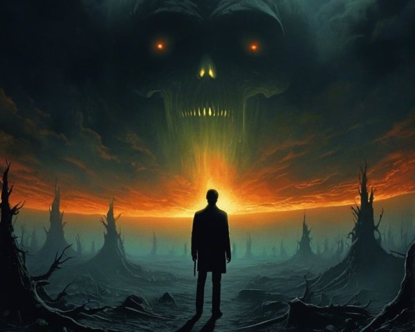 Solitary Figure Under Ominous Skull-Shaped Moon