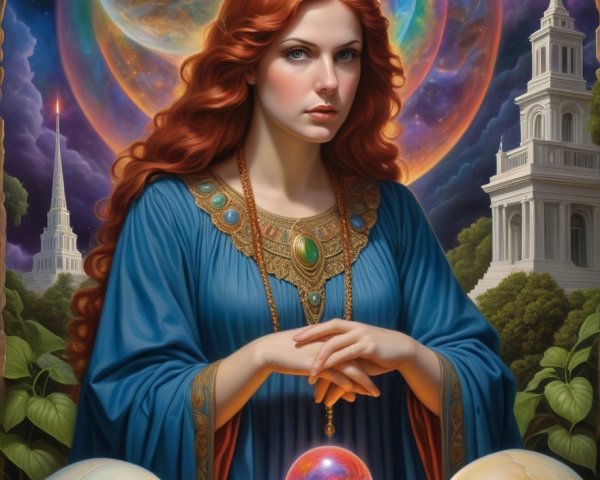 Mysterious Woman with Red Hair and Crystal Ball