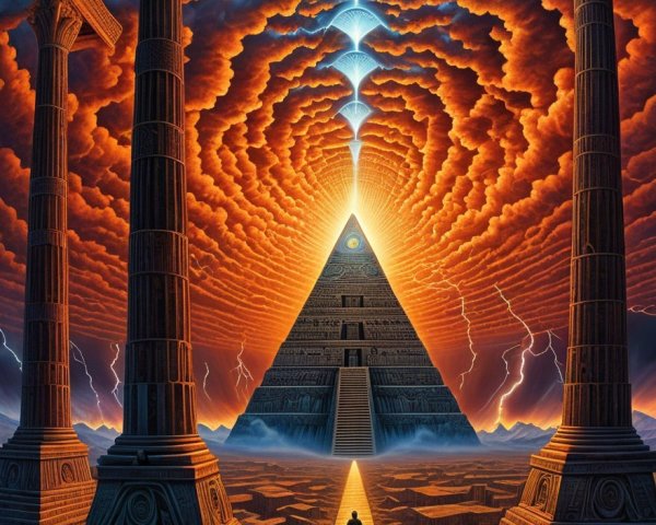 Lone Figure by Pyramid in Surreal Sunset Landscape