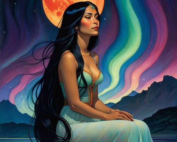 Serene Woman in Ethereal Dress Under Full Moon