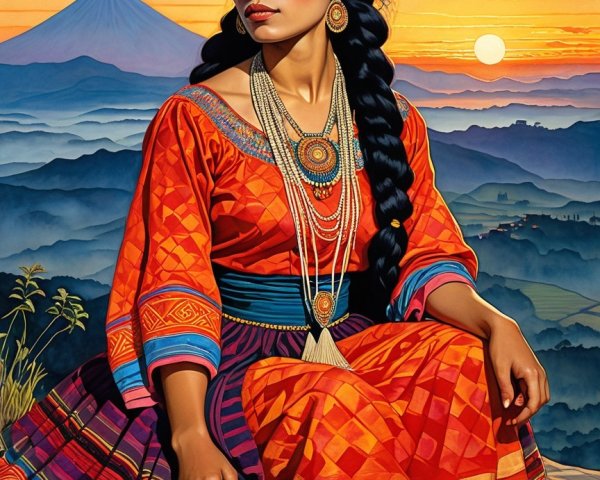 Serene Woman in Orange Dress Against Volcano Sunset