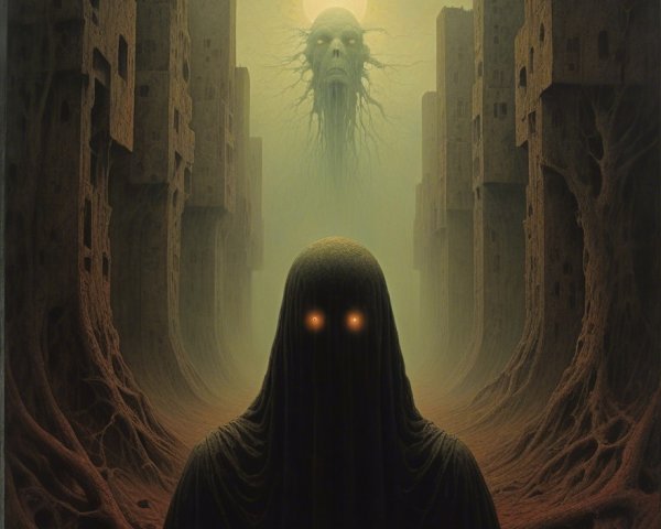 Cloaked Figure in Surreal Eerie Landscape with Shadows