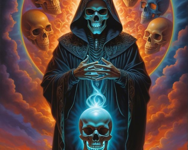 Mysterious Figure with Glowing Skulls at Sunset