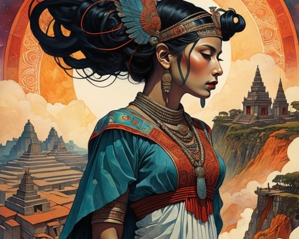 Silhouette of a Woman in Traditional Attire Against Cosmos