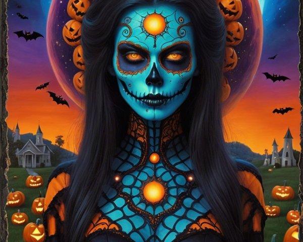 Woman with Blue Skull Makeup in Halloween Scene