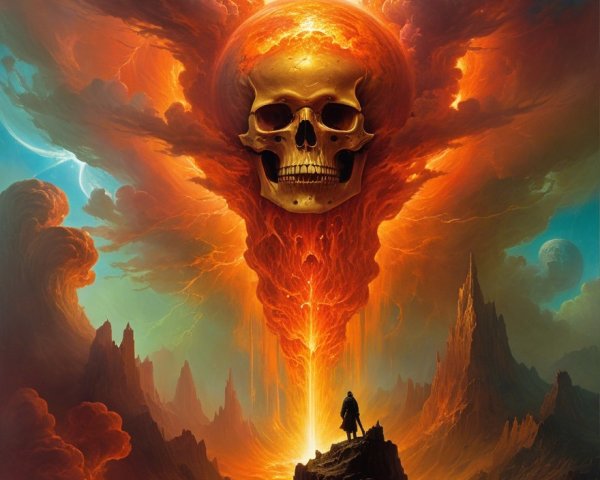 Dramatic landscape with fiery skull and jagged mountains
