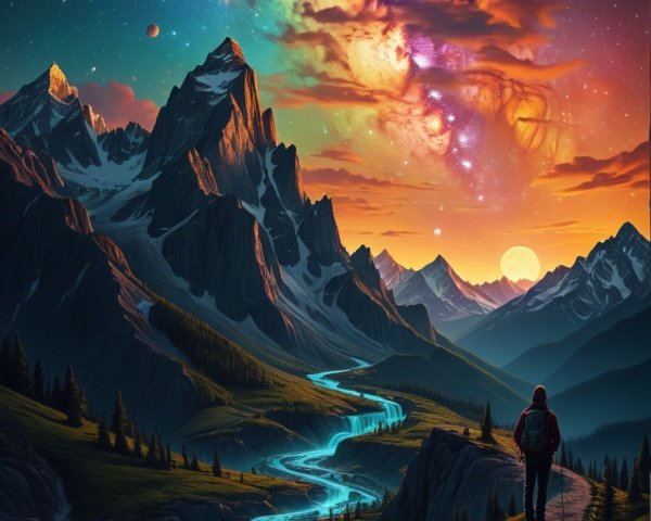 Cosmic Landscape with Mountains and Vibrant Sky