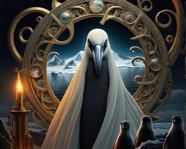 Majestic Bird and Penguins by Golden Archway in Icy Landscape