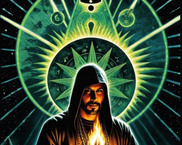 Cloaked Figure with Flame in Mystical Landscape Design