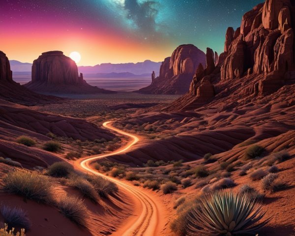 Desert Landscape at Twilight with Milky Way Sky