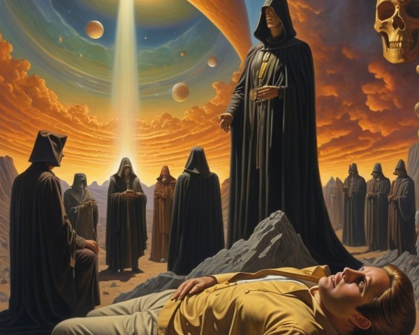 Surreal Scene of a Man Under Cosmic Imagery