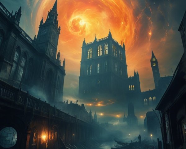 Gothic Cityscape with Fiery Vortex and Dark Waters