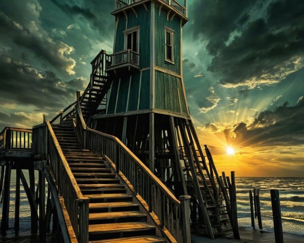 Turquoise Lifeguard Tower on Sandy Beach Scene