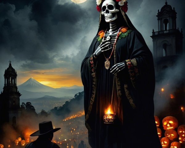 Skeletal Figure in Black Robes Surrounded by Flowers