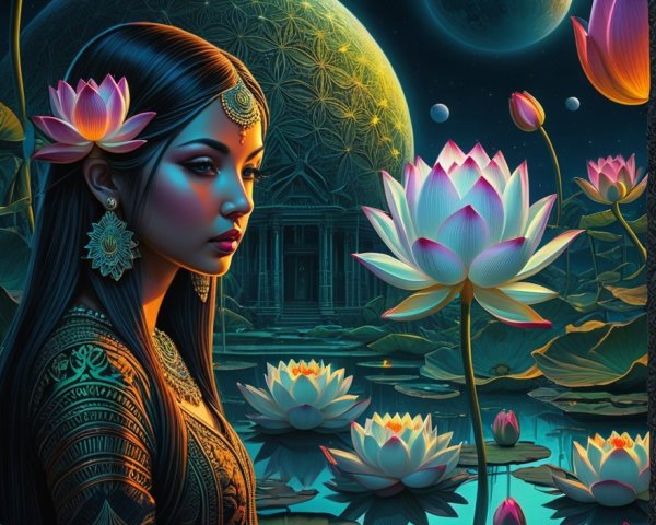 Serene Woman with Jewelry by Tranquil Lotus Pond
