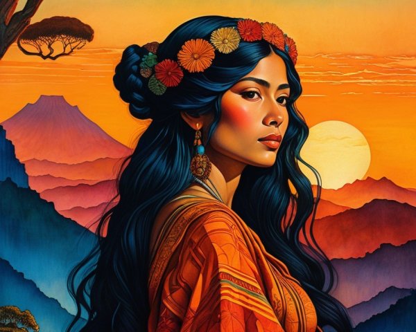 Woman with Black Hair and Flowers at Sunset Scene