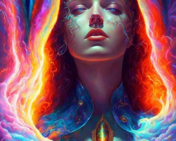 Portrait of a woman with vibrant colors and ethereal elements