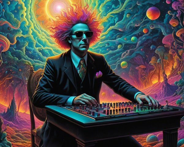 Surreal Scene of Figure at Vintage Synthesizer