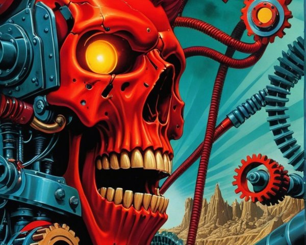 Stylized Mechanical Skull in Surreal Desert Landscape