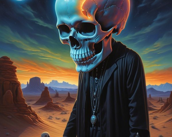Surreal Landscape with Translucent Skull at Sunset