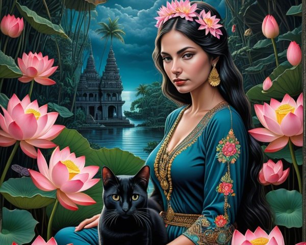 Woman in Blue Gown Surrounded by Lotus Flowers and Temples