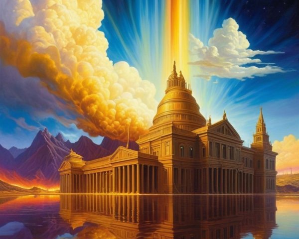 Majestic Building Against Celestial Backdrop and Mountains