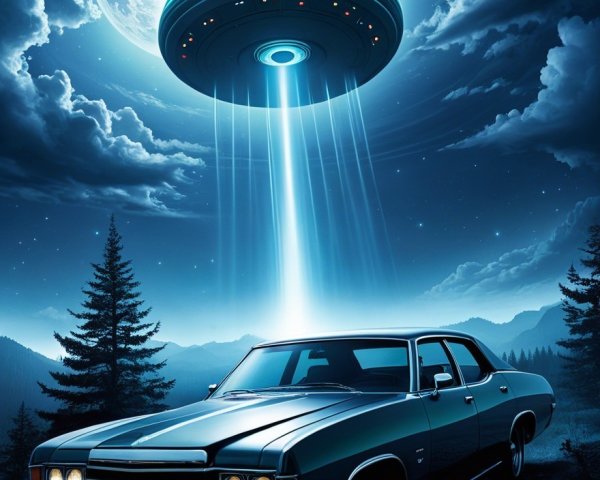 Classic Car and UFO Under Moonlit Forest Scene