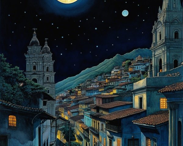 Tranquil Night Scene in a Mountainous Town